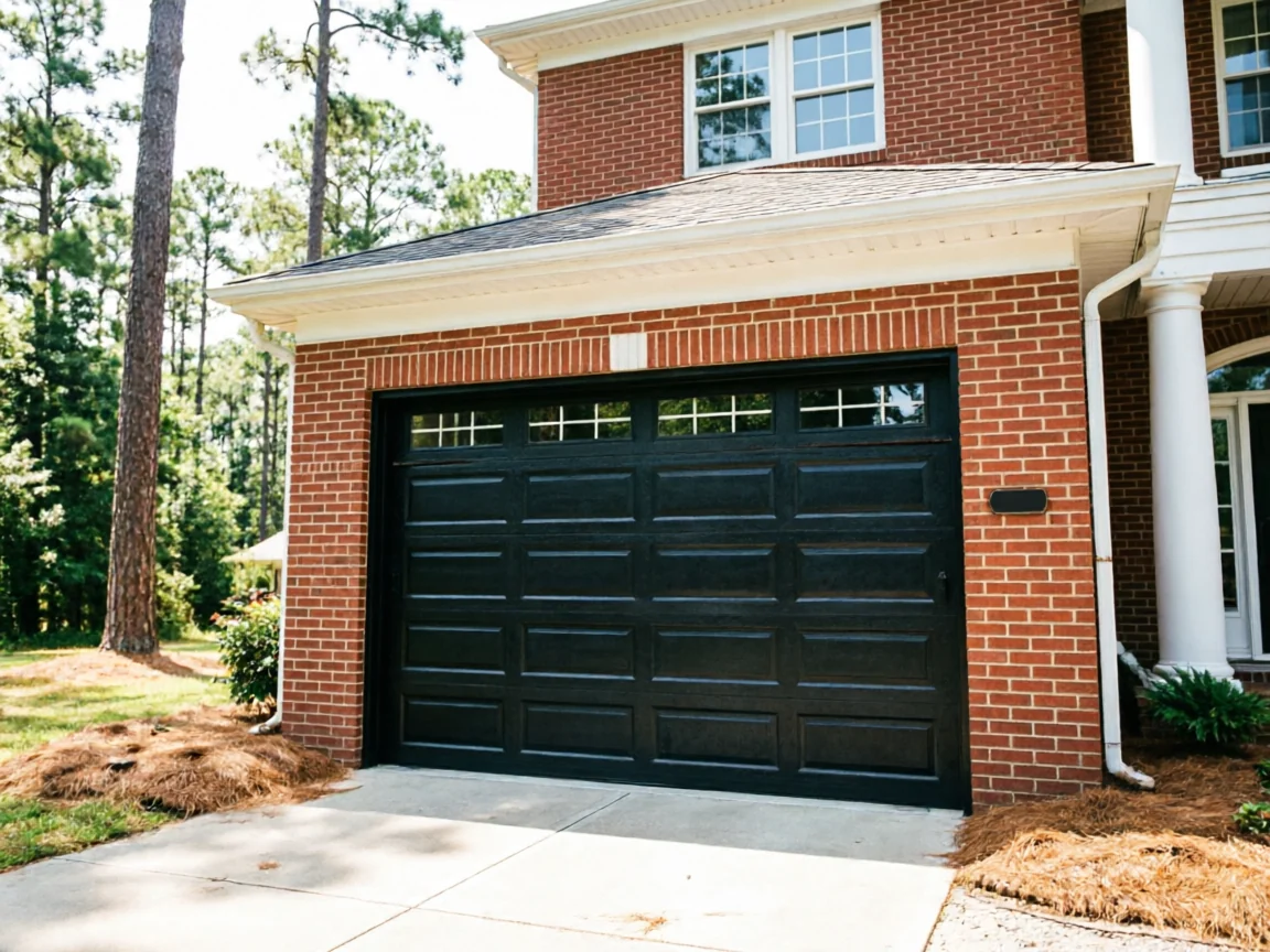 A black garage door with windows is set in a red brick house.