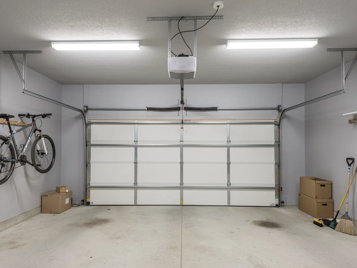 A white garage door is closed in a clean garage with a bicycle on the wall.