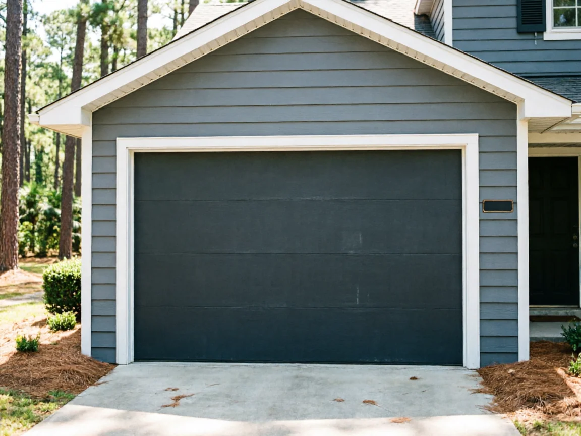 A dark gray garage door with white trim is on a gray house.