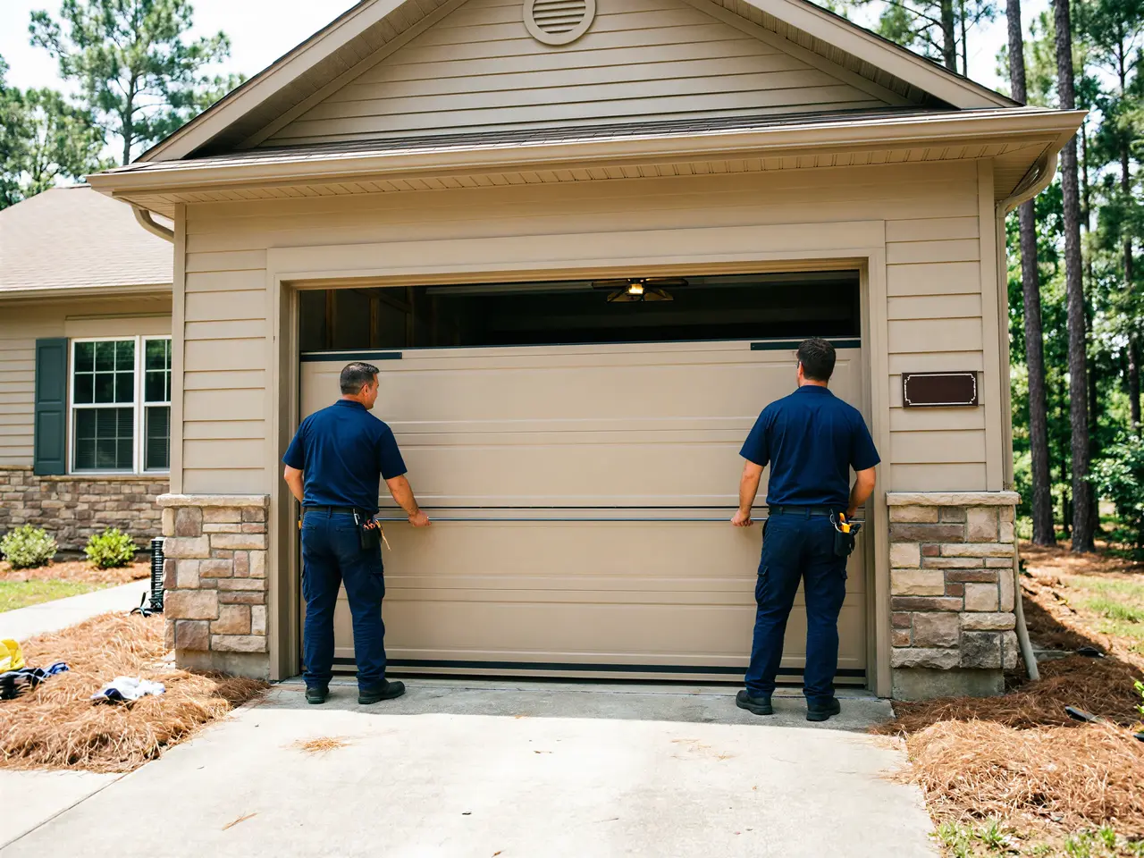 Two technicians install a tan garage door on a tan house.